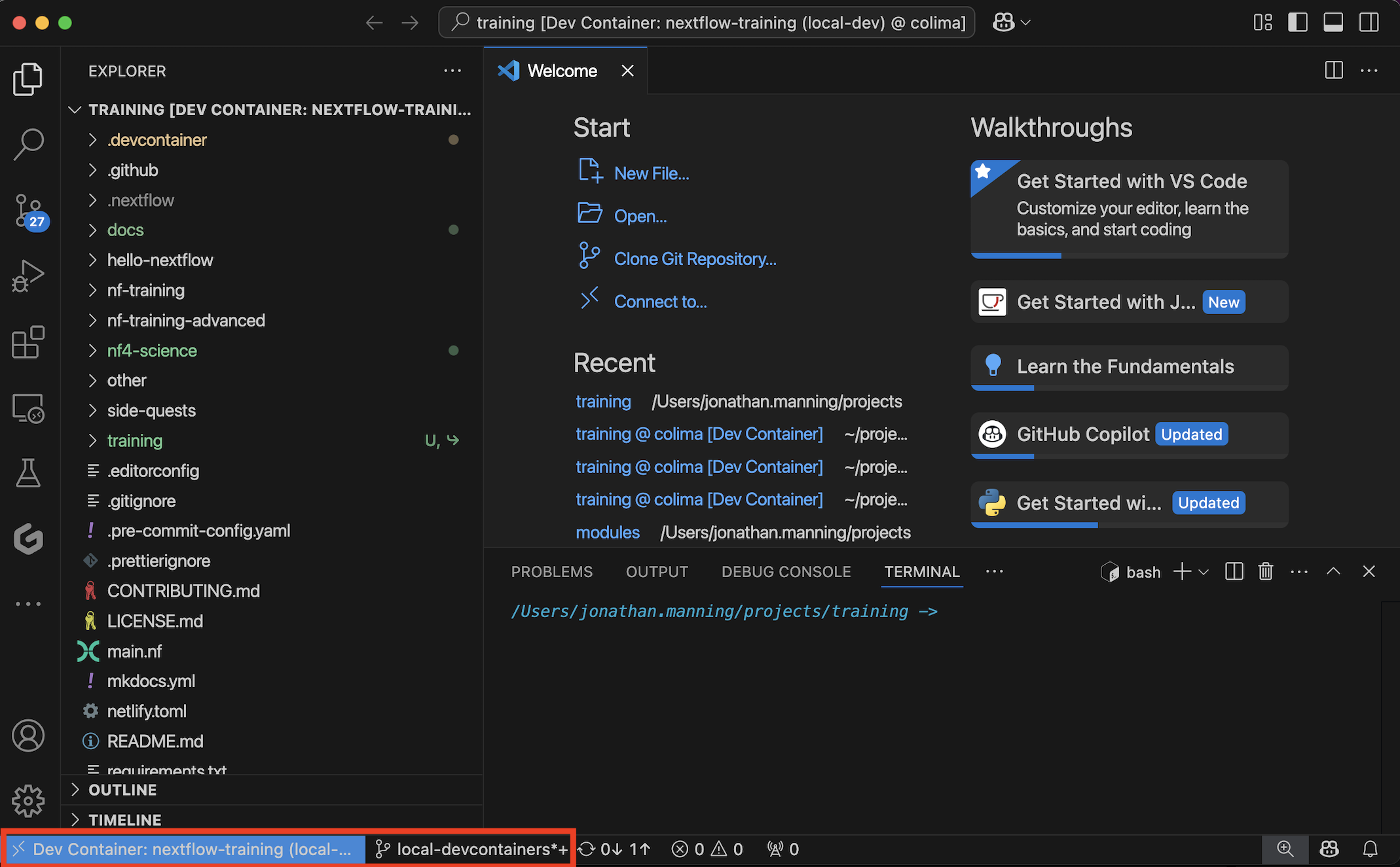 VS Code avec devcontainer en cours d'exécution